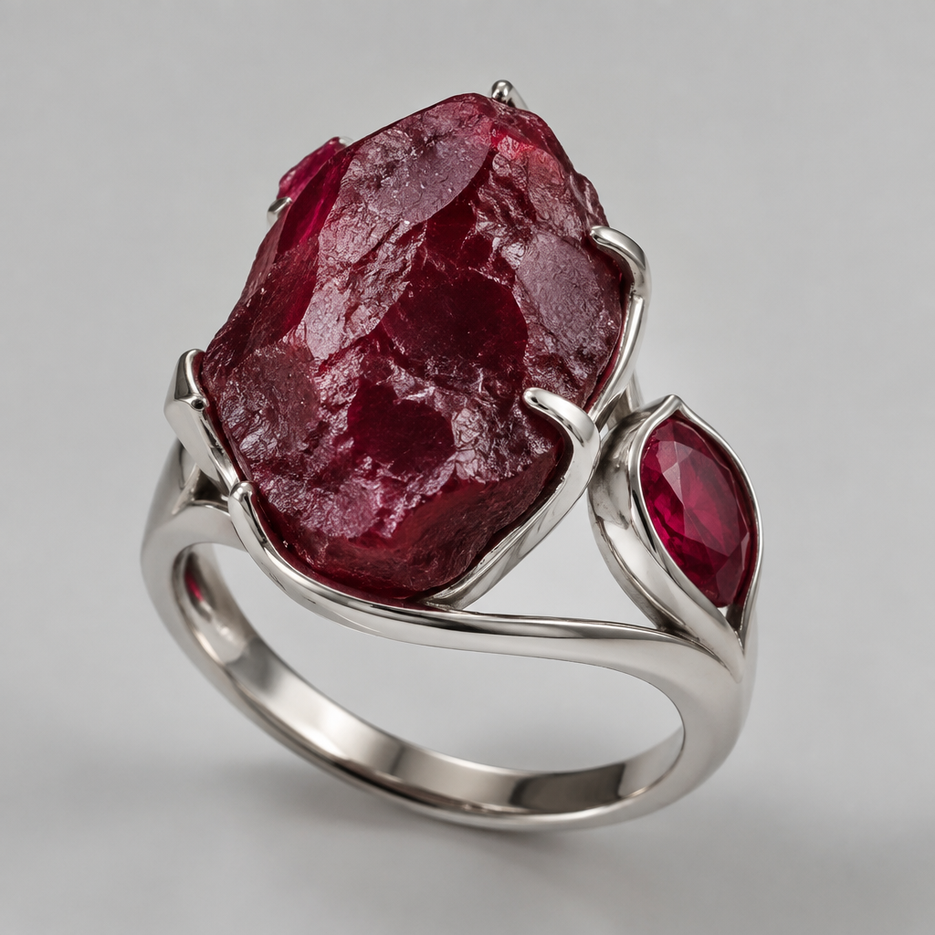 A modern women's ring made of silver with ruby stones. pierre brut et ovale taille grande
photorealistic jewelry design, A modern women's ring made of silver with ruby stones. pierre brut et ovale taille grande, modern style, just the design no text