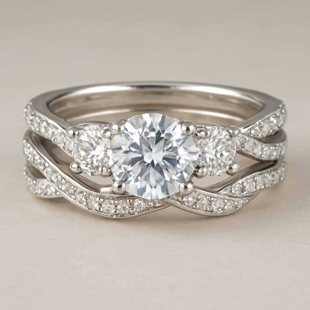 Elegant 4 carat tw 3 stone engagement ring with twisted pave band with matching wedding band