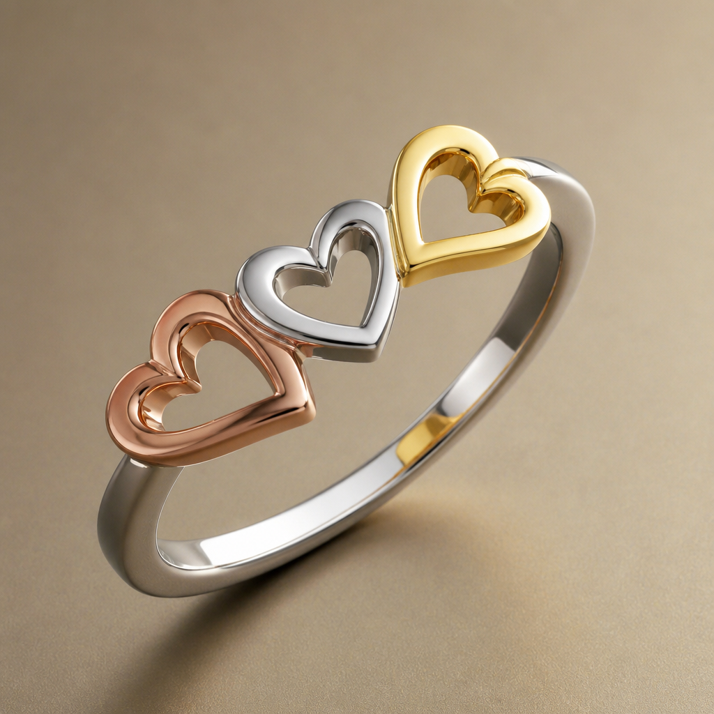 A women's ring. tres corazónes
photorealistic jewelry design, A women's ring. tres corazónes, modern style, just the design no text