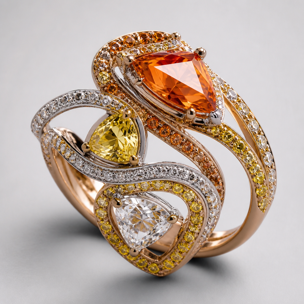 Orange, yellow and white diamond in funky shaped double band
photorealistic jewelry design, Orange, yellow and white diamond in funky shaped double band , avant_garde style, just the design no text
