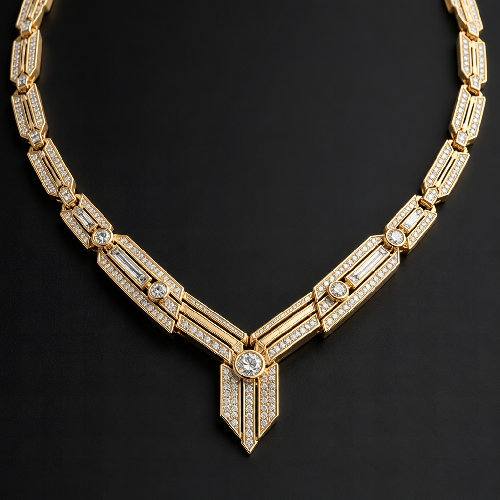 A art deco men's necklace made of gold with diamond stones suitable for wedding
photorealistic jewelry design, A art deco men's necklace made of gold with diamond stones suitable for wedding, art_deco style, just the design no text