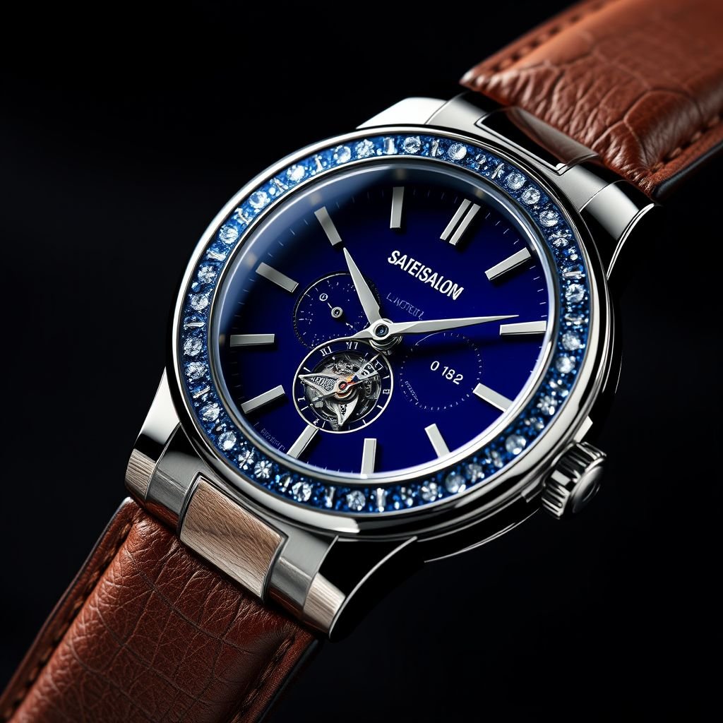 Create a male watch made of Lunar Dust,Platinum, Blue Sapphire Crystal
Design a luxurious men's watch that seamlessly blends futuristic elegance with celestial charm. The case is crafted from gleaming platinum, showcasing shimmering lunar dust inlaid along the bezel. A stunning deep blue sapphire crystal protects the intricate dial, adorned with subtle cosmic motifs. Emphasize opulence with a richly textured leather strap.