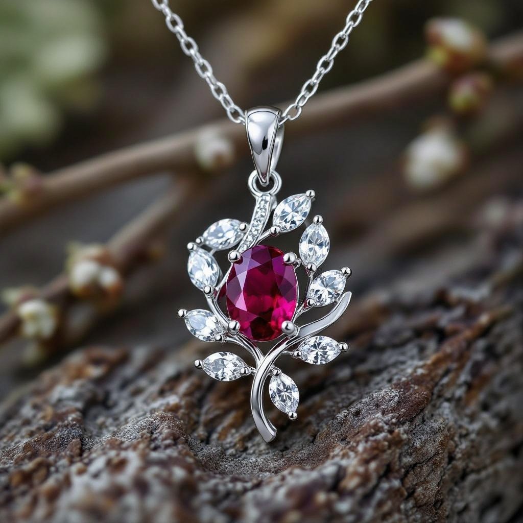 7x5mm oval pigeon blood ruby with 8 marquis cut diamonds each .08ct set in white gold pendant 