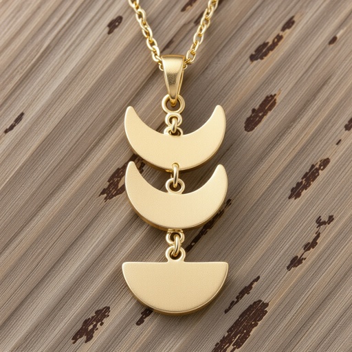 Подвеска из трех полумесяцев из матового неровного светлого золота с узорами соединенных цепочкой сверху самый широкий полукруг дальше средний и снизу самый маленький