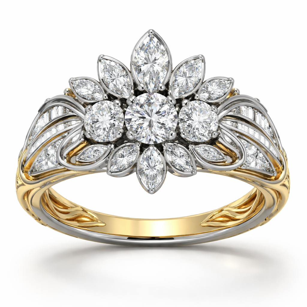Create a ring with 3 round diamonds the largest being .25 , 7 marquise diamonds with the largest being.6 , several baguettes on yellow gold set in platinum