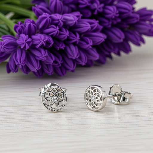 Пуссеты винтовой замок круглый символ цветка жизни с маленьким фианитом по центру