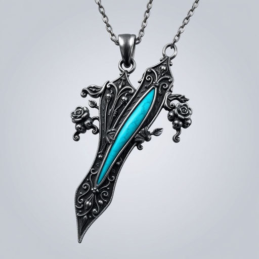 Silver pendant in the shape of ice skating blades with a turquoise stripe within the blade
