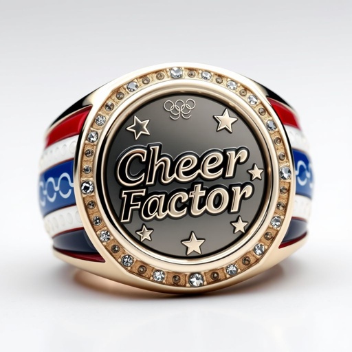 Red white and blue medal ring that says cheer factor