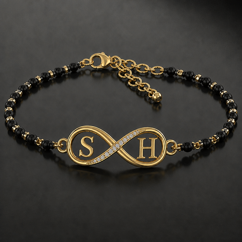 Remove guy n girl. Keep initials. Add more black beads
edit the attached jewelry design with these instructions: Remove guy n girl. Keep initials. Add more black beads. keep it photorealistic, just the design no text