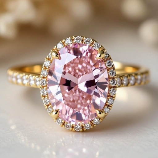 10 carats oval pink diamond ring, vintage minimal with crafted design. No small diamonds around. Light gold color