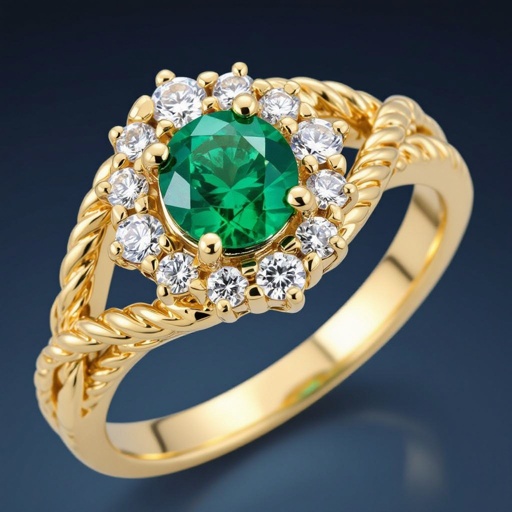 Anillo con Central de esmeralda redonda con 6 diamantes al rededor en oro amarillo 