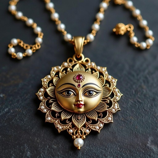 Кулон на длинной цепочке. Матовое светлое золото. В цепочке небольшие золотые шарики и жемчуг. Кулон в виде двух глаз над ними лотос с маленьким красным камнем внутри узоры завитушки 