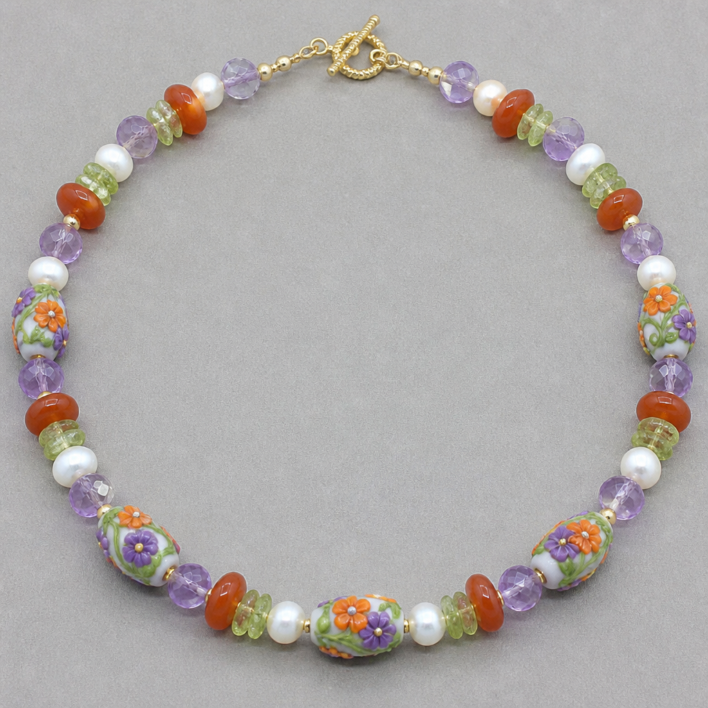 Lamp work beads with orange white purple flowers with green vines 14mm x 8mm, lavender faceted opaque crystals 7.5mm rounds, potato shaped white freshwater pearls 9mm, peridot chips 7.5mm, orange carnelian rondels 9.5mm x 5mm necklace
photorealistic jewelry design, Lamp work beads with orange white purple flowers with green vines 14mm x 8mm, lavender faceted opaque crystals 7.5mm rounds, potato shaped white freshwater pearls 9mm, peridot chips 7.5mm, orange carnelian rondels 9.5mm x 5mm necklace , classic style, just the design no text