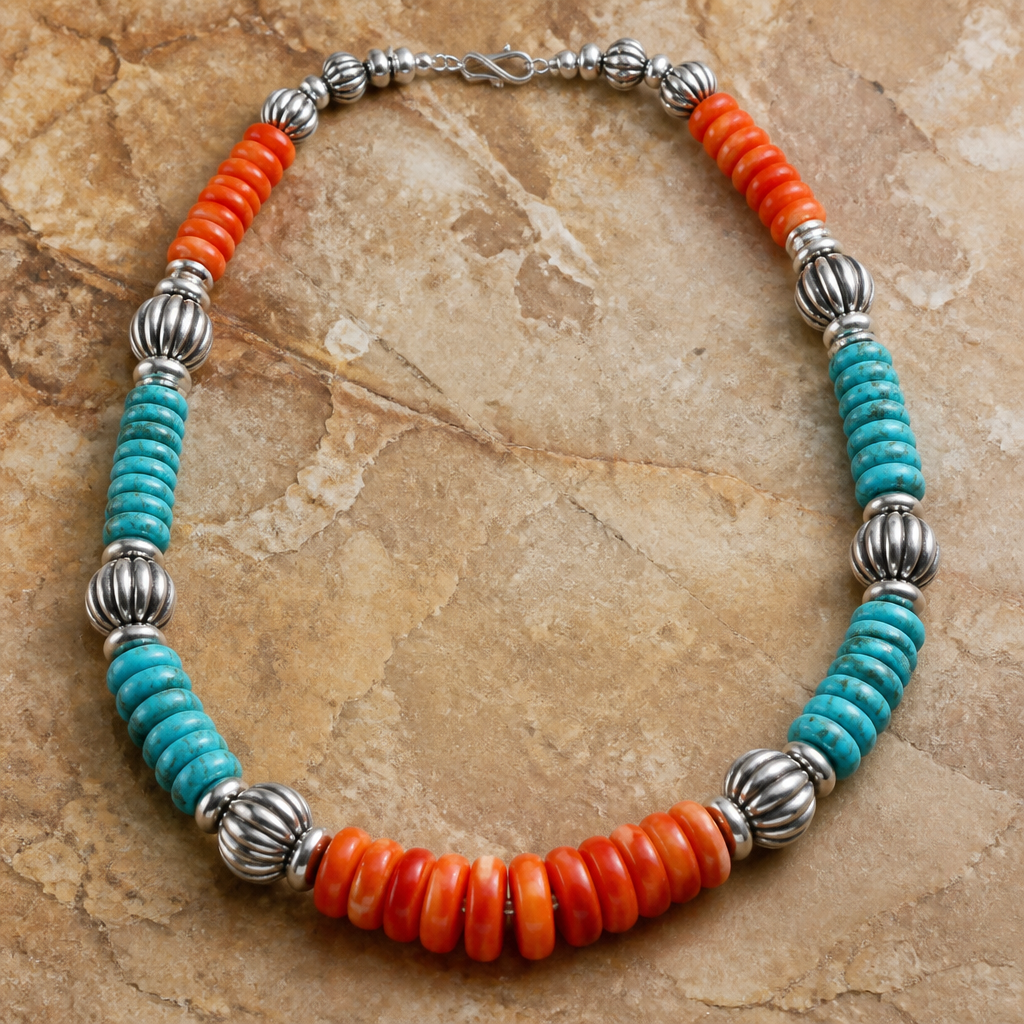 Graduated Spiny oyster 20mm x 5mm rondel beads, turquoise graduated rondel beads 17mm x 4mm, sterling silver beads 15mm x 13mm necklace
photorealistic jewelry design, Graduated Spiny oyster 20mm x 5mm rondel beads, turquoise graduated rondel beads 17mm x 4mm, sterling silver beads 15mm x 13mm necklace, nature_inspired style, just the design no text
