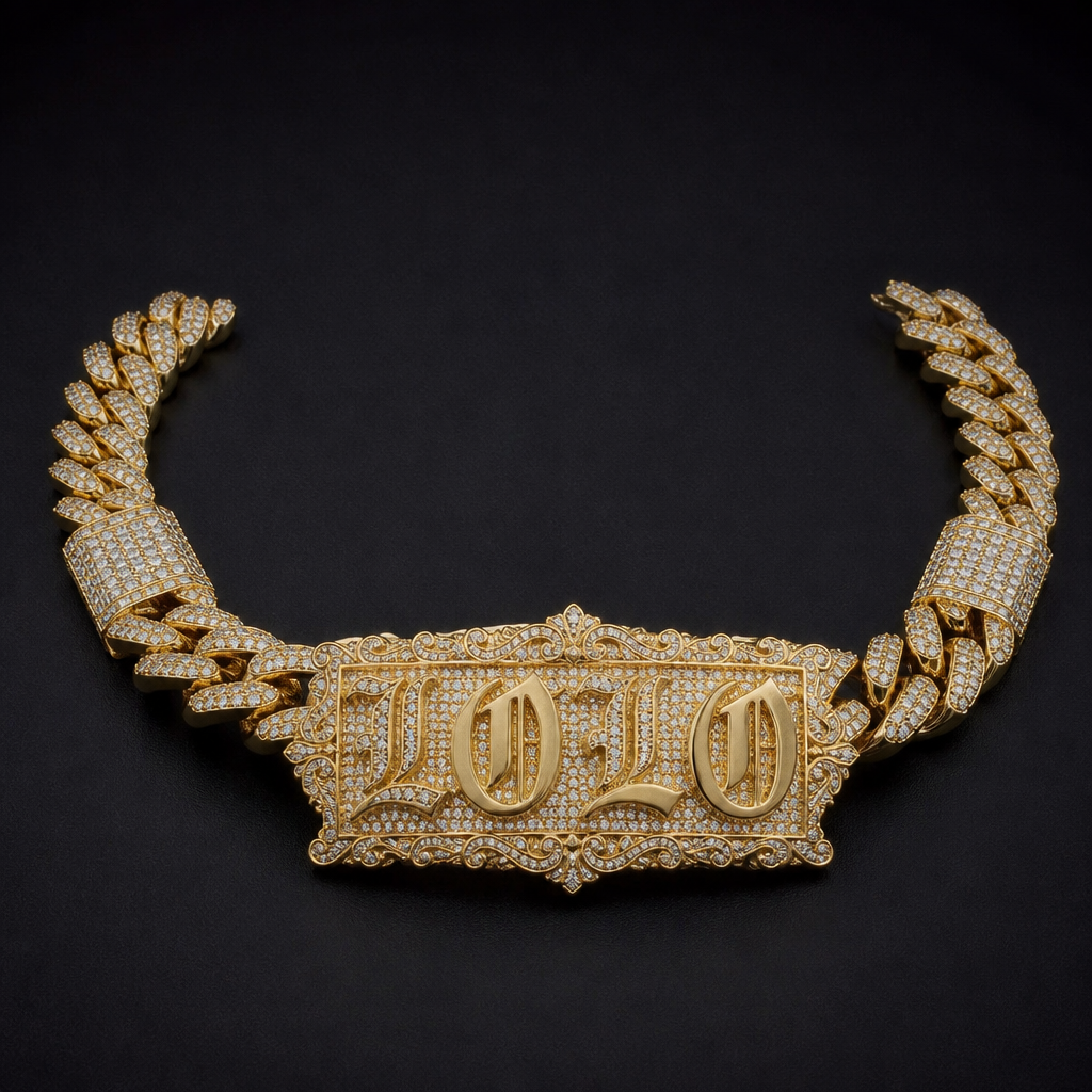 A luxury men's necklace made of gold with diamond stones suitable for daily wear, highly ornate, intricate and elaborate, richly detailed. una cubana que diga lolo
photorealistic jewelry design, A luxury men's necklace made of gold with diamond stones suitable for daily wear, highly ornate, intricate and elaborate, richly detailed. una cubana que diga lolo, luxury style, just the design no text