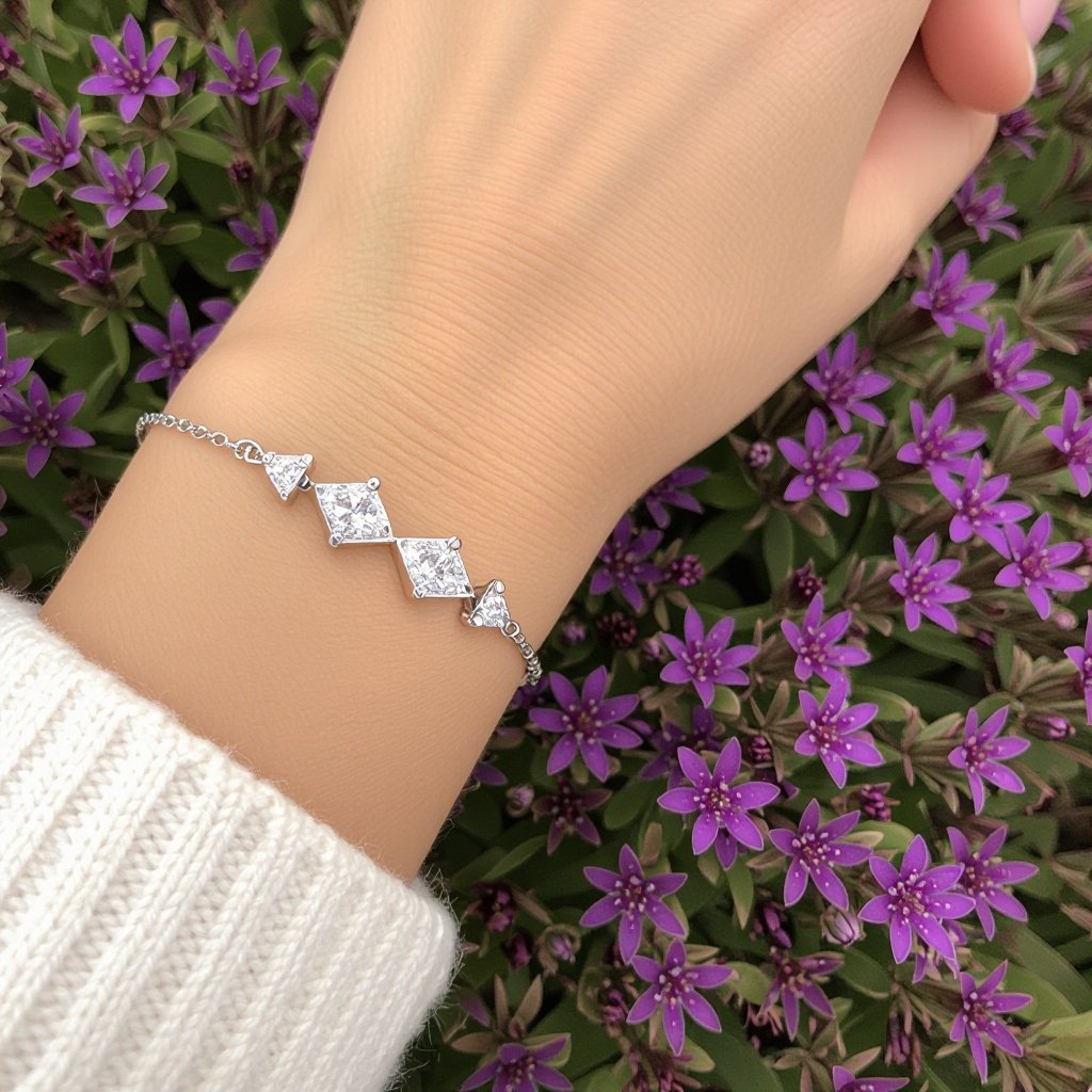 Silver platinum-plated bracelet 4mm width with a unique zircon crystal shape of the zircon will be 3 small triangular then 5 bigger then beaneath them another 3 small triangular crystals 