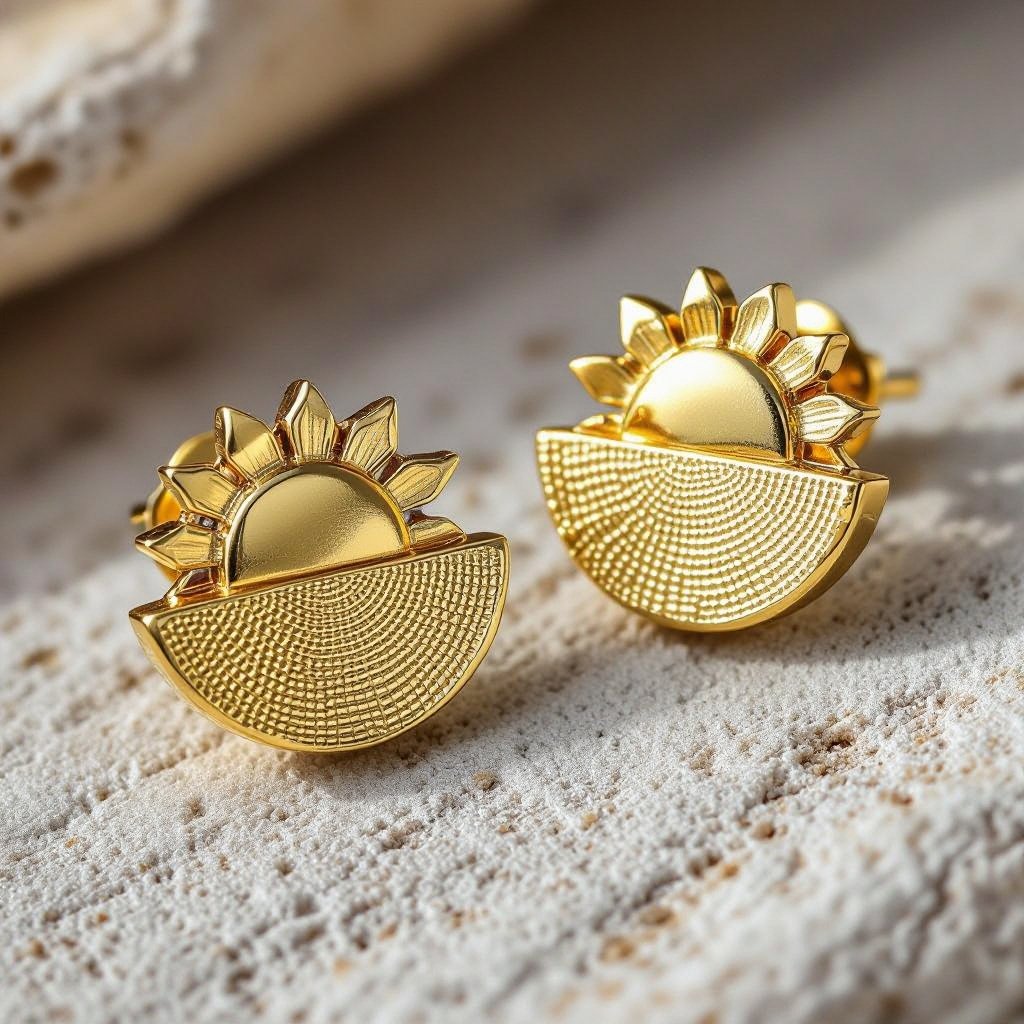Золотые серьги полукруг половинка горящего солнца мятое неровное золото