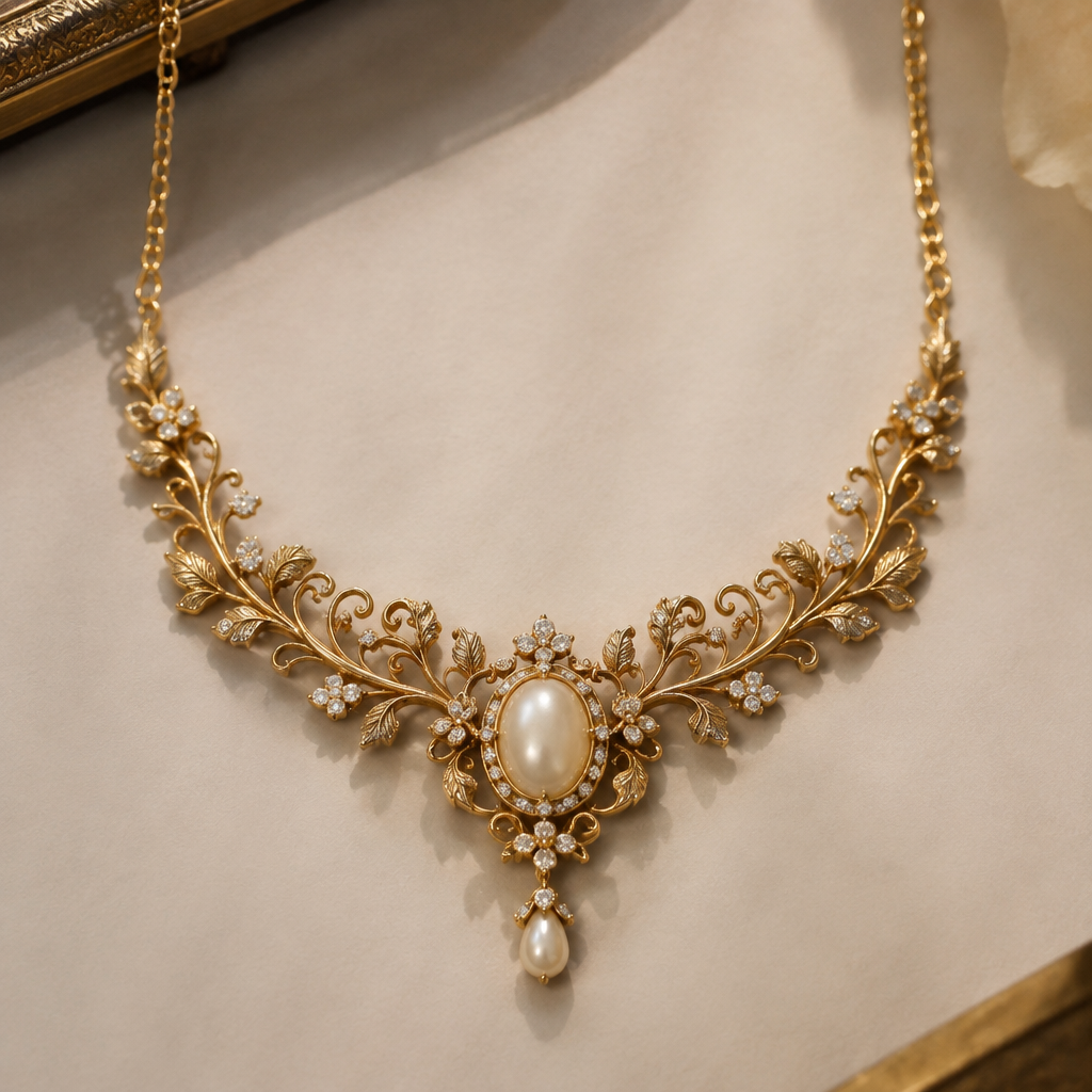 A vintage women's necklace made of gold suitable for gift
photorealistic jewelry design, A vintage women's necklace made of gold suitable for gift, vintage style, just the design no text