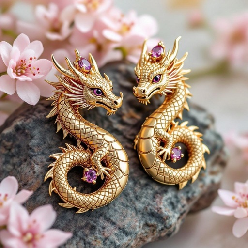 Золотые матовые серьги со схематическим изображением дракона узоры и камни мелкие раузтопаз