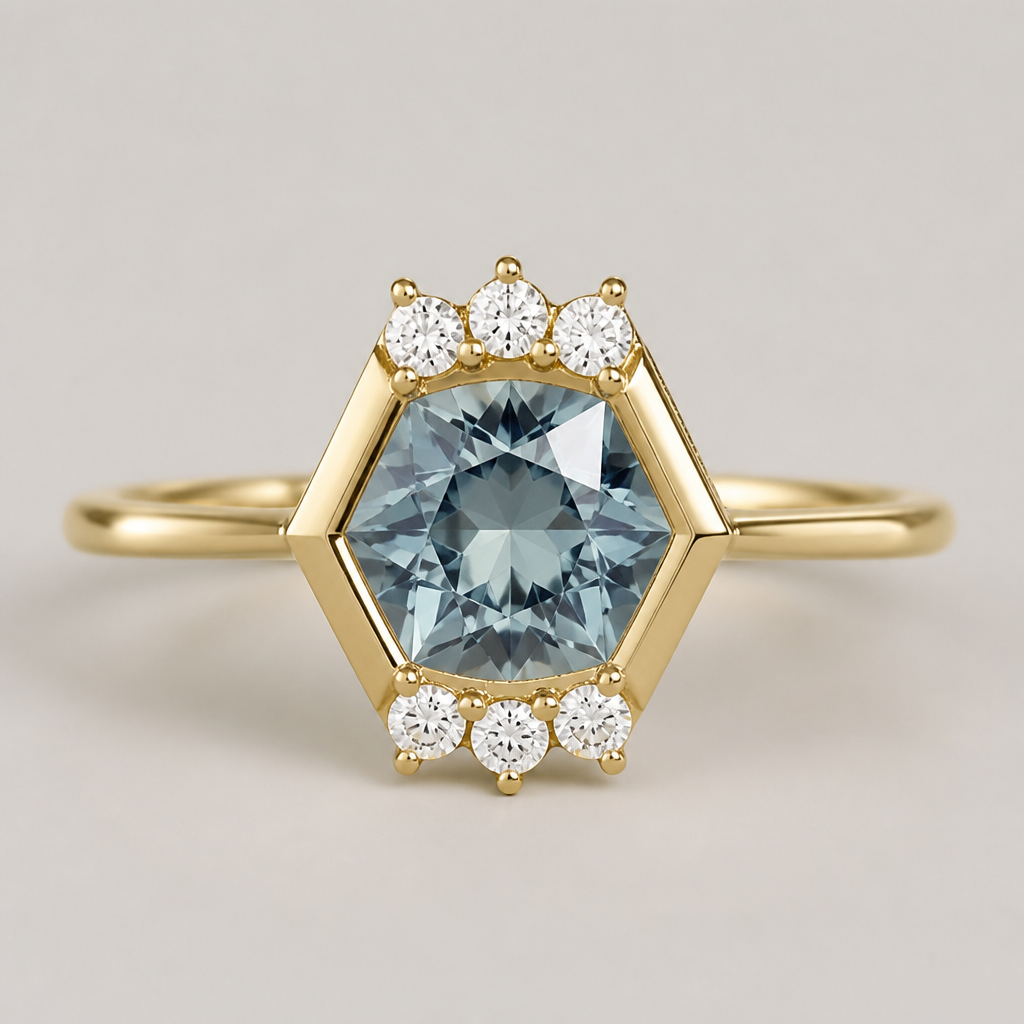 A women's ring. bague or jaune forme hexagonale au centre une tourmaline bleue gris 3 diamants repartis en haut et 3 en bas
photorealistic jewelry design, A women's ring. bague or jaune forme hexagonale au centre une tourmaline bleue gris 3 diamants repartis en haut et 3 en bas, modern style, just the design no text