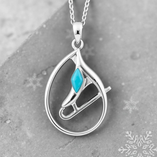 Silver pendant in the shape of figure skating blades without boots with one blade only made of turquoise