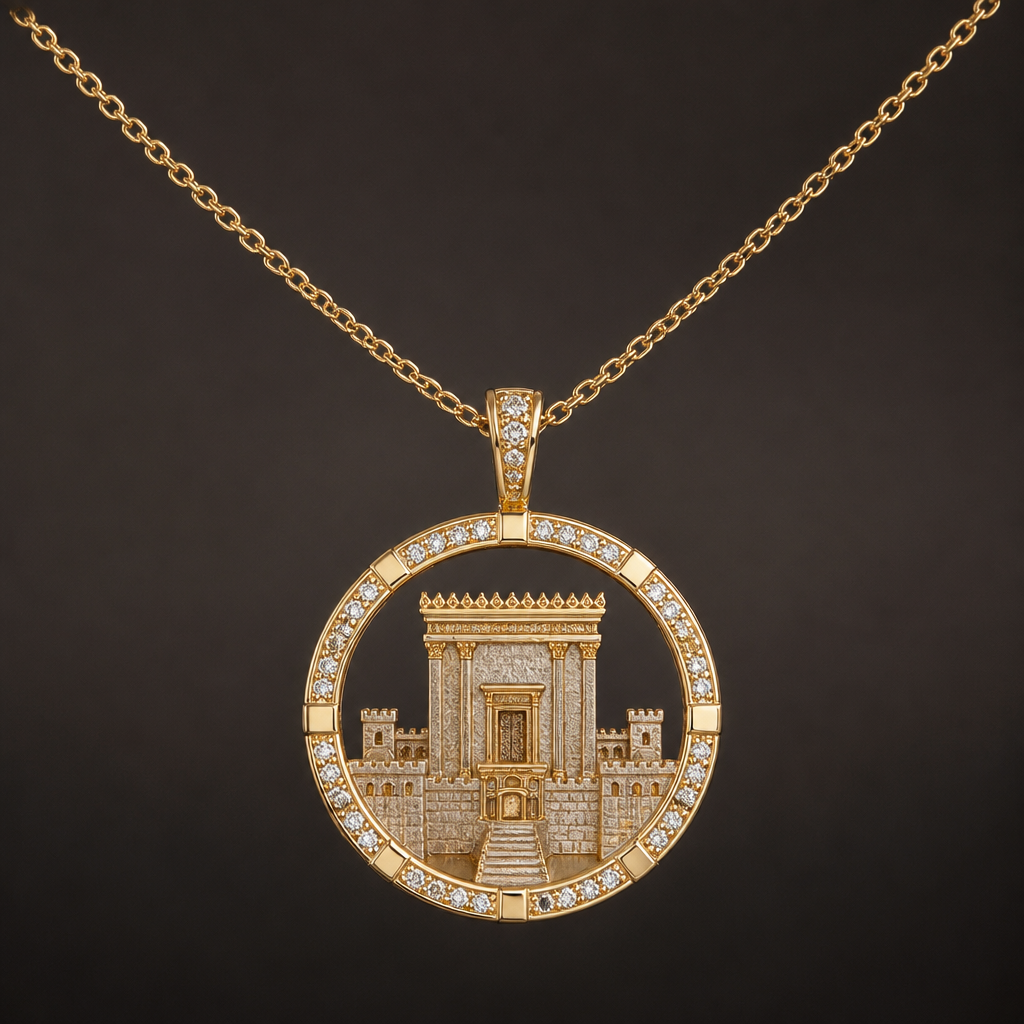 A women's ring. could u please design a necklace with in the center the third in Jerusalem Temple
photorealistic jewelry design, A women's ring. could u please design a necklace with in the center the third in Jerusalem Temple, modern style, just the design no text
