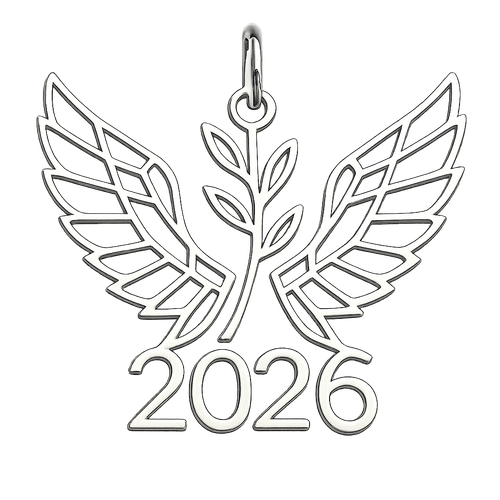 Shiny silver cut-out charm only with  two spread out bird wings, an olive branch and  along year 2026