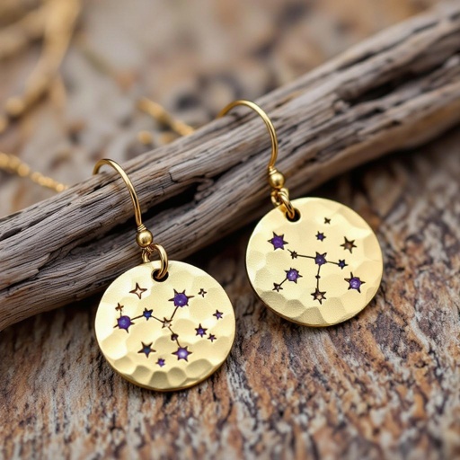 Серьги и кулон в одном стиле. Светлое матовое состаренное мятое золото. На круге изобрежены созвездия. Очень маленькие сиреневые камушки. 