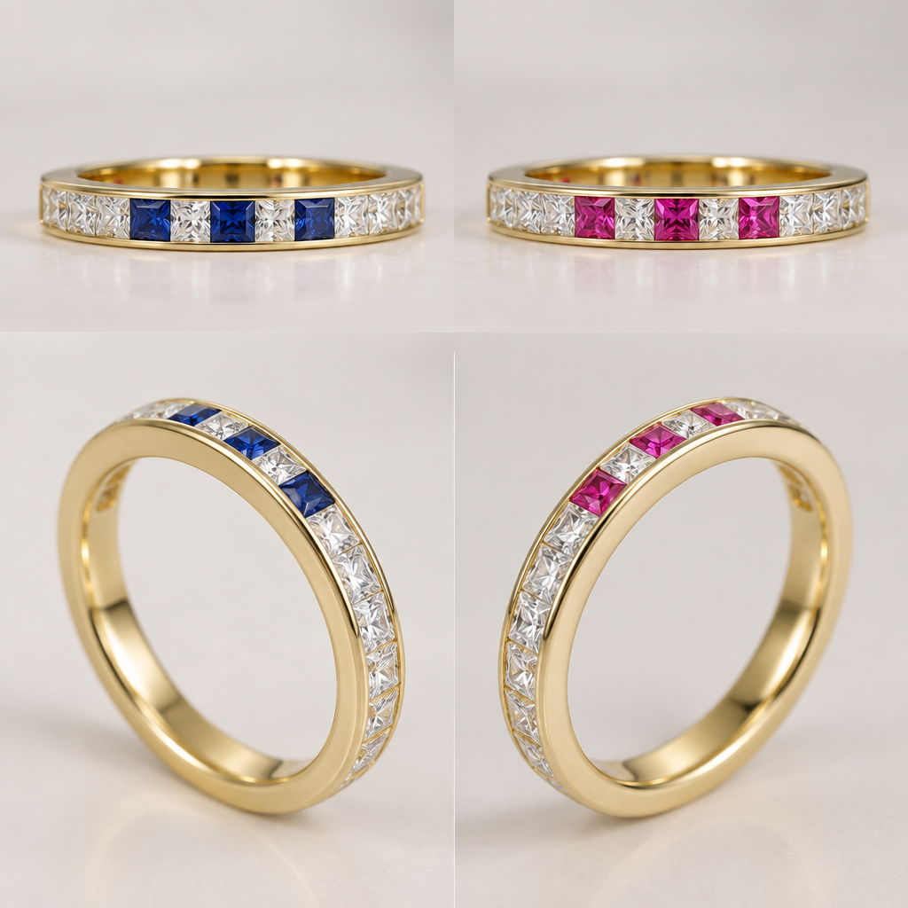 A women's ring made of gold with diamond and sapphire and amethyst stones, minimalist, simple and delicate, clean lines. An full ETERNITY Ring.
Ring metal: Yellow Gold.
Size UK size L1/2.
3mm ring band width.
Have smooth continuous gold on the inside and sides of the ring. Stones only visible from top or underneath.
All stones to be princess cut and held in thin 1mm channels.
All stones to be clear diamonds EXCEPT for three x blue sapphires on one side, each separated from other glue stones by one clear diamond.
AND 180 degress on the other side, three vivid pink sapphires - with each pink stone separated from other pink stones by one clear diamond . So the pink stones are symmetrically exactly opposite the blue ones. NB all the stones should touch each orher. Important: No gold or gold lines between the coloured stones and the clear diamonds on either side of them.
photorealistic jewelry design, A women's ring made of gold with diamond and sapphire and amethyst stones, minimalist, simple and delicate, clean lines. An full ETERNITY Ring.
Ring metal: Yellow Gold.
Size UK size L1/2.
3mm ring band width.
Have smooth continuous gold on the inside and sides of the ring. Stones only visible from top or underneath.
All stones to be princess cut and held in thin 1mm channels.
All stones to be clear diamonds EXCEPT for three x blue sapphires on one side, each separated from other glue stones by one clear diamond.
AND 180 degress on the other side, three vivid pink sapphires - with each pink stone separated from other pink stones by one clear diamond . So the pink stones are symmetrically exactly opposite the blue ones. NB all the stones should touch each orher. Important: No gold or gold lines between the coloured stones and the clear diamonds on either side of them., modern style, just the design no text