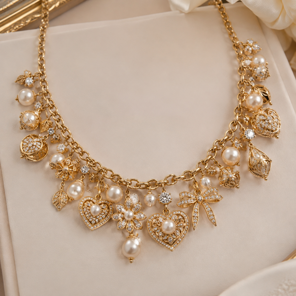 A charm women's necklace made of gold with pearl and diamond stones suitable for gift, highly ornate, intricate and elaborate, richly detailed
photorealistic jewelry design, A charm women's necklace made of gold with pearl and diamond stones suitable for gift, highly ornate, intricate and elaborate, richly detailed, charm style, just the design no text
