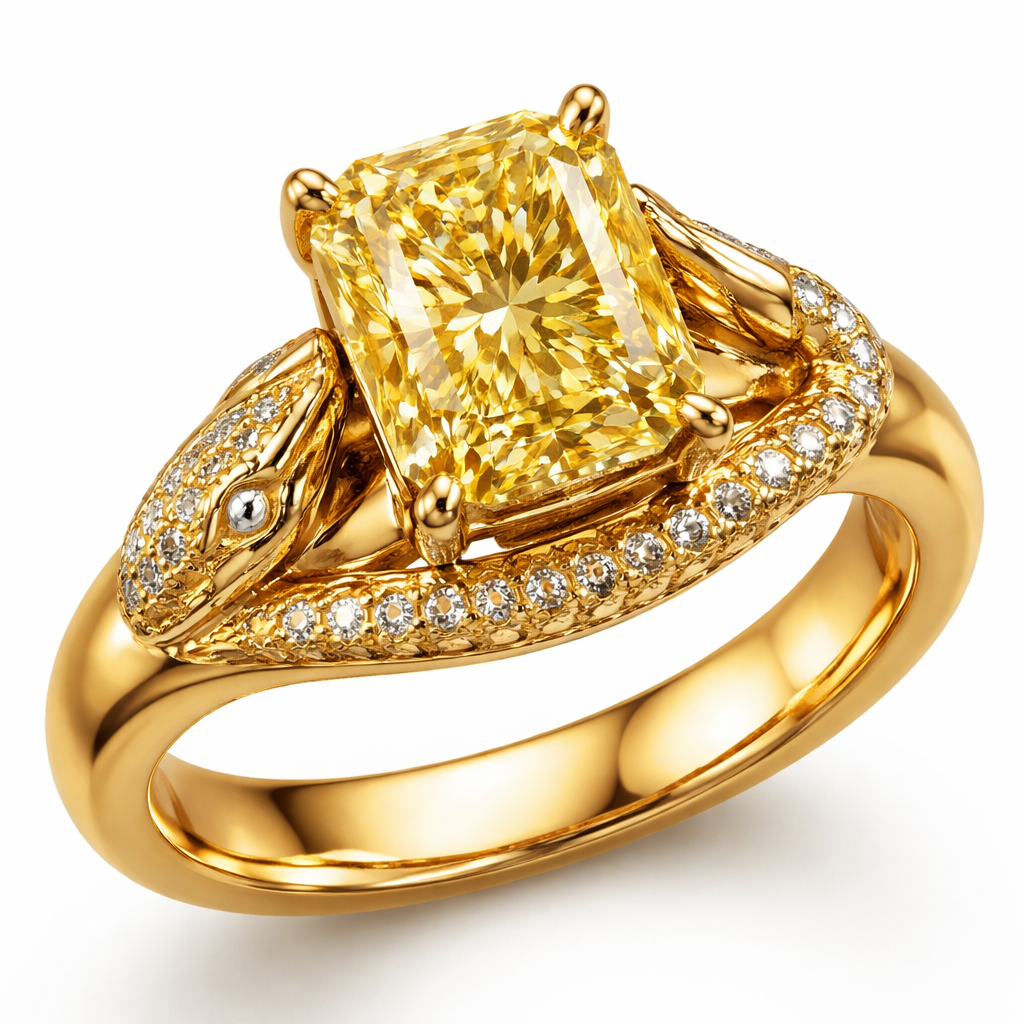 Fancy yellow radiant diamond, rectangle shaped diamond, unique snake band shape, solid gold band surface