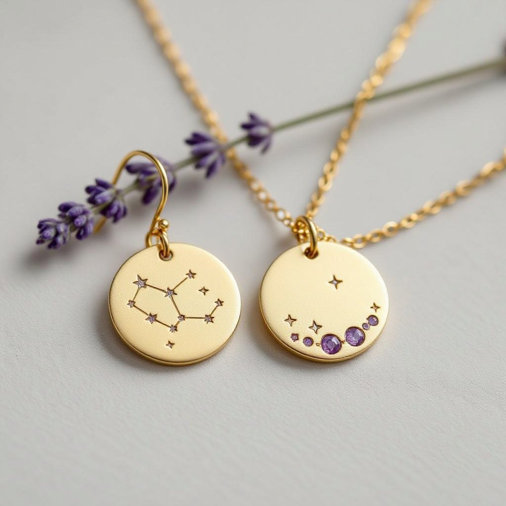 Серьги и кулон в одном стиле. Светлое матовое состаренное золото. На круге изобрежены созвездия. Очень маленькие сиреневые камушки. 