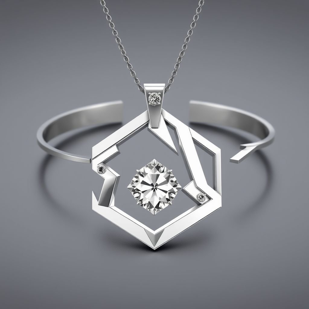 Geomatric modern pendant and bracelete of white diamonds of abstracr and architectural shapes