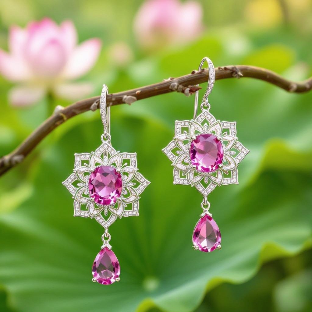 Светлое матовое золото. Серьги с лотосом на длинных цепочках. По центру лотоса неровный камень необрабаботанного розового кварца, от лотоса идет цепочка с еще одним камнем кварца на конце. Серьги тонкие и легкие