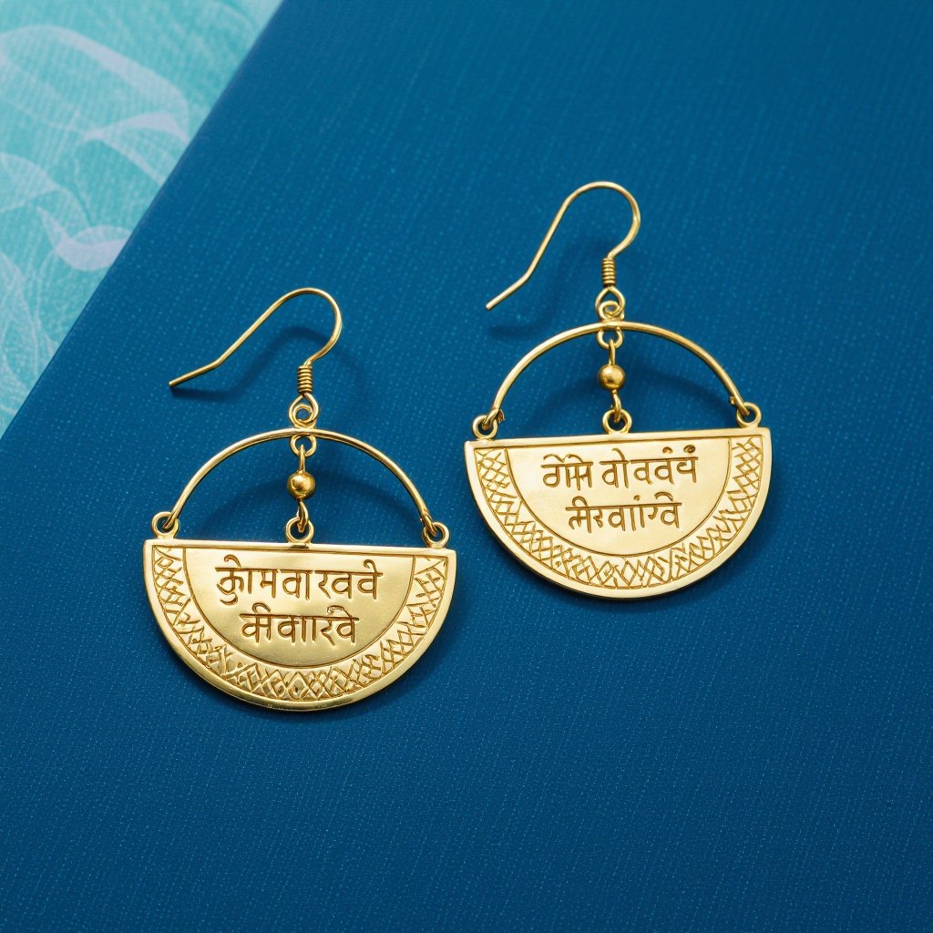 Серьги золотые в форме полукруга, полукруг как продолжение застежки, на полукруге надписи мантрами на санскрите