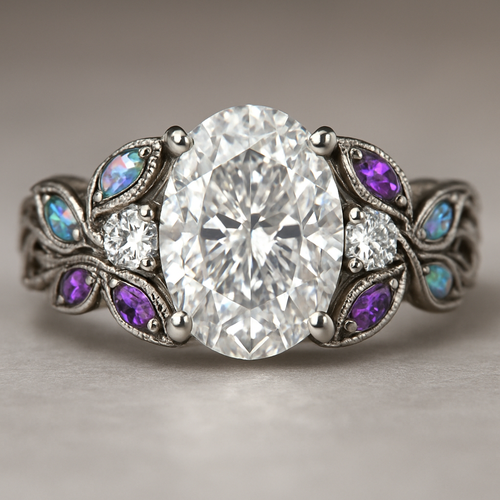 A silver engagement ring that has an oval lab diamond in the center and one on each side of the center one with more leaf design for the band to make it look bigger. The leaves should have a combo of opal and amethyst stones in them.  The band needs to have luxury twists design. Make the ring look more enchanting and more expensive.