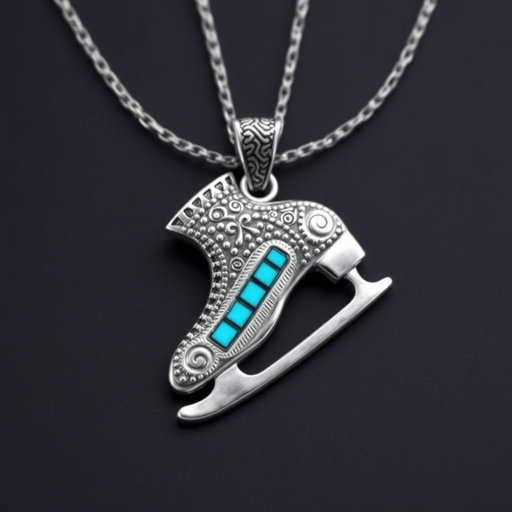 Silver pendant in the shape of ice skating blades with a turquoise stripe within the blade