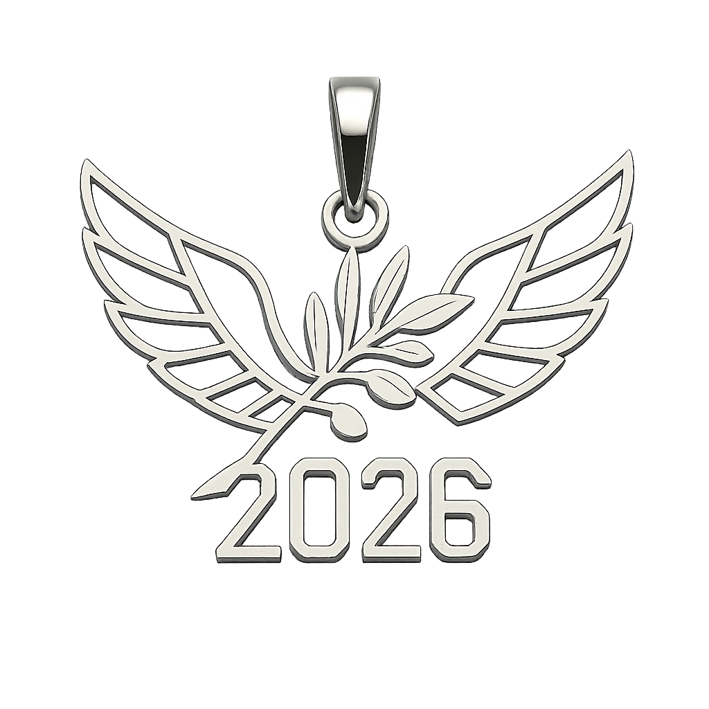 Shiny silver cut-out charm only with  two spread out bird wings, an olive branch and  along year 2026
