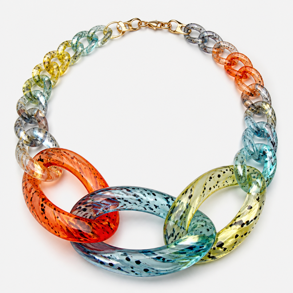 A women's necklace. create a chunky Cuban links style plastic necklace that is graduated and exaggerated in the first three links of translucent colors inspired by fancy guppy fish
photorealistic jewelry design, A women's necklace. create a chunky Cuban links style plastic necklace that is graduated and exaggerated in the first three links of translucent colors inspired by fancy guppy fish, modern style, just the design no text