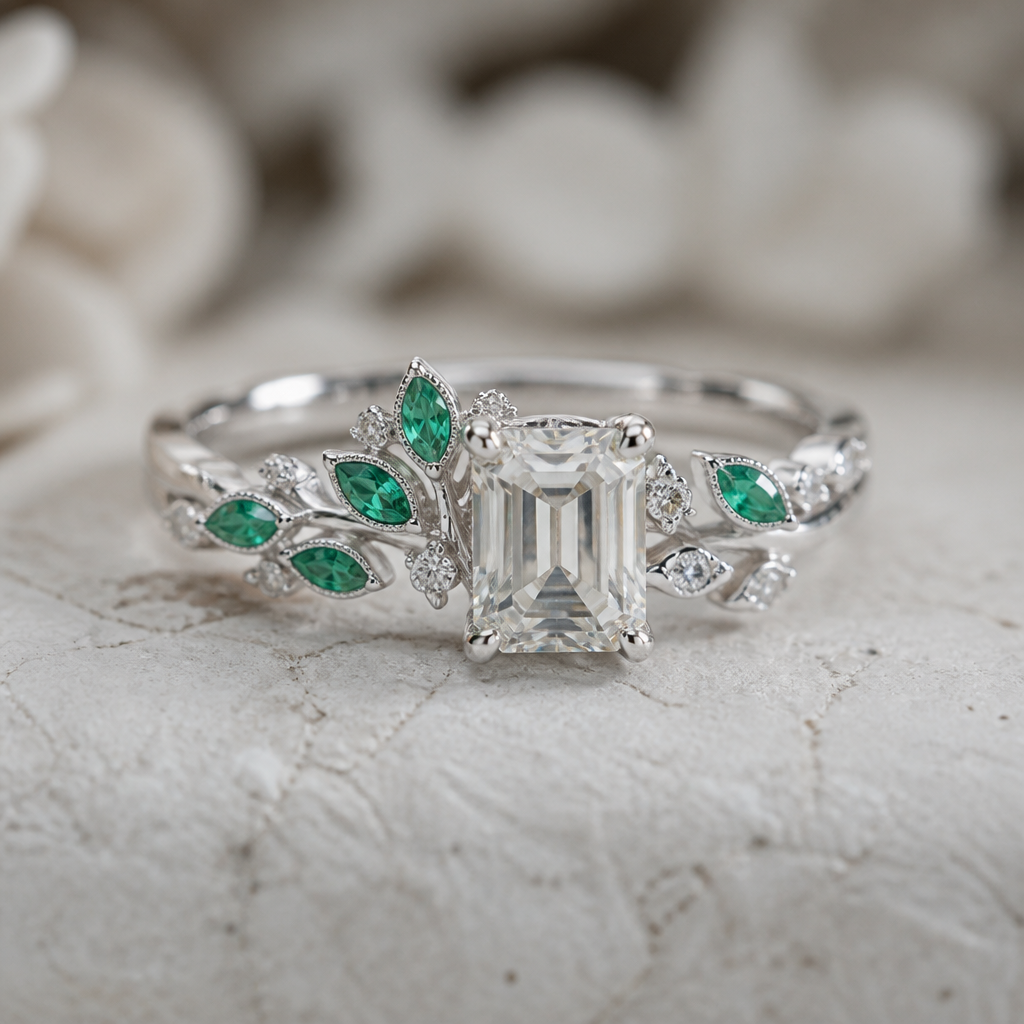 A nature women's ring made of white gold with diamond and emerald stones suitable for daily wear. a ring made with an old emerald cut diamond
photorealistic jewelry design, A nature women's ring made of white gold with diamond and emerald stones suitable for daily wear. a ring made with an old emerald cut diamond, nature_inspired style, just the design no text
