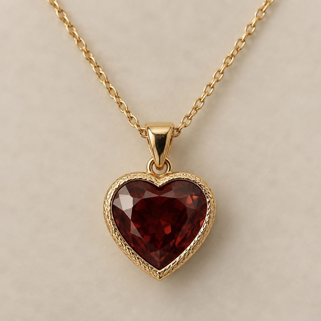 1.5 carat heart shaped garnet, textured bezel set pendent, yellow gold, delicate chain
photorealistic jewelry design, 1.5 carat heart shaped garnet, textured bezel set pendent, yellow gold, delicate chain , bezel style, just the design no text