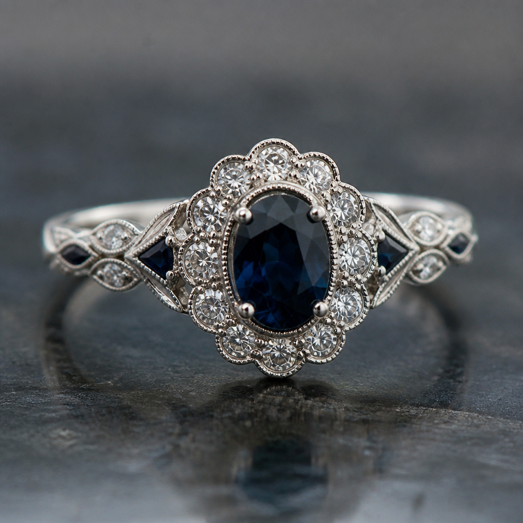 A vintage women's ring made of silver with diamond and sapphire stones suitable for formal
photorealistic jewelry design, A vintage women's ring made of silver with diamond and sapphire stones suitable for formal, vintage style, just the design no text