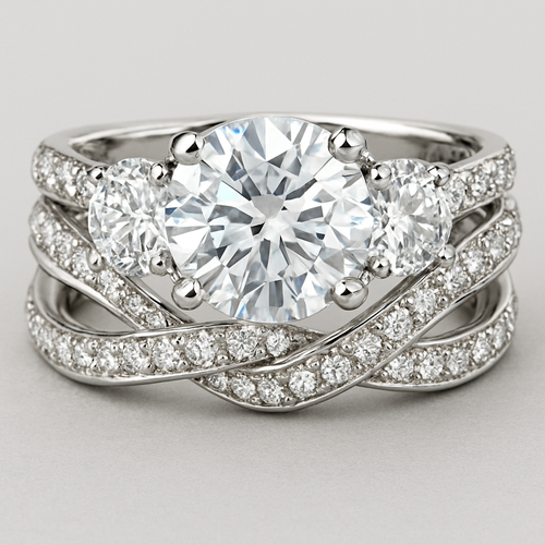 Elegant platinum 4 carat tw 3 stone ring pave twisted band with wedding band