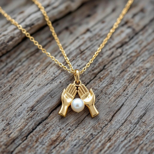 Украшение на шею золотая цепочка с подвеской в виде двух ладоней которые держат жемчужину по центру