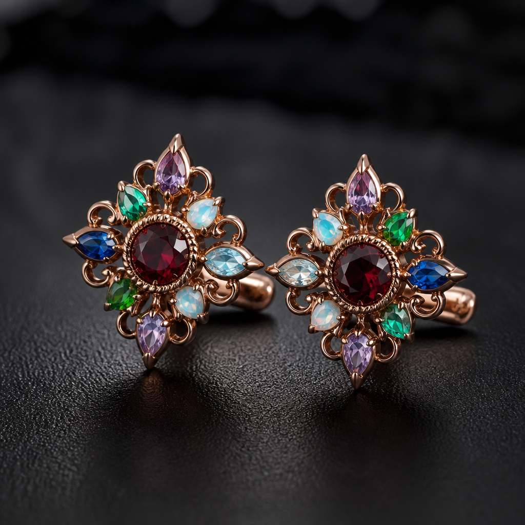 A gothic women's cufflinks made of rose gold with ruby and sapphire and emerald and aquamarine and topaz and opal stones suitable for wedding
photorealistic jewelry design, A gothic women's cufflinks made of rose gold with ruby and sapphire and emerald and aquamarine and topaz and opal stones suitable for wedding, gothic style, just the design no text