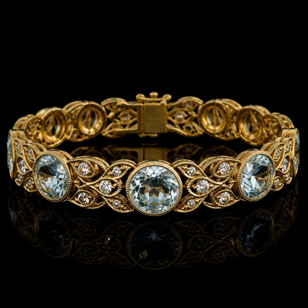 A vintage women's bracelet made of gold with topaz stones suitable for engagement. Stone hurt zirkone 11 mm, braslet wide 13 mm.
photorealistic jewelry design, A vintage women's bracelet made of gold with topaz stones suitable for engagement. Stone hurt zirkone 11 mm, braslet wide 13 mm., vintage style, just the design no text
