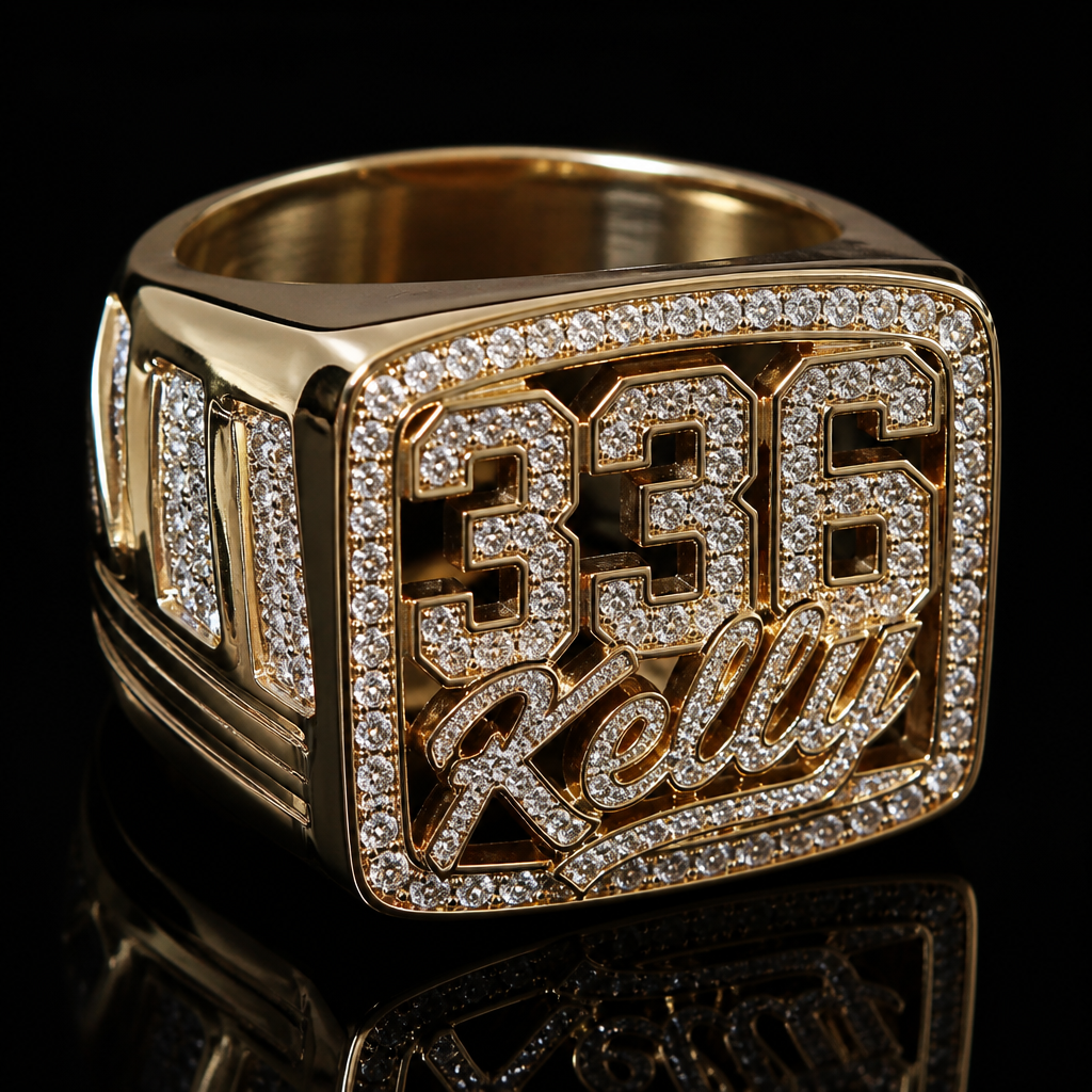 A men's ring made of gold with diamond stones. create a ring saying "336 Kelly" with a black background and make it realistic
photorealistic jewelry design, A men's ring made of gold with diamond stones. create a ring saying "336 Kelly" with a black background and make it realistic, modern style, just the design no text
