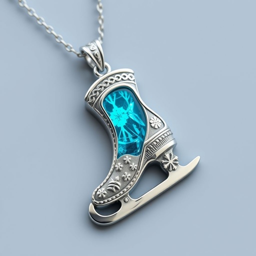 Silver Pendant shape one ice skate with turquoise stripe inside the low thin part blade
