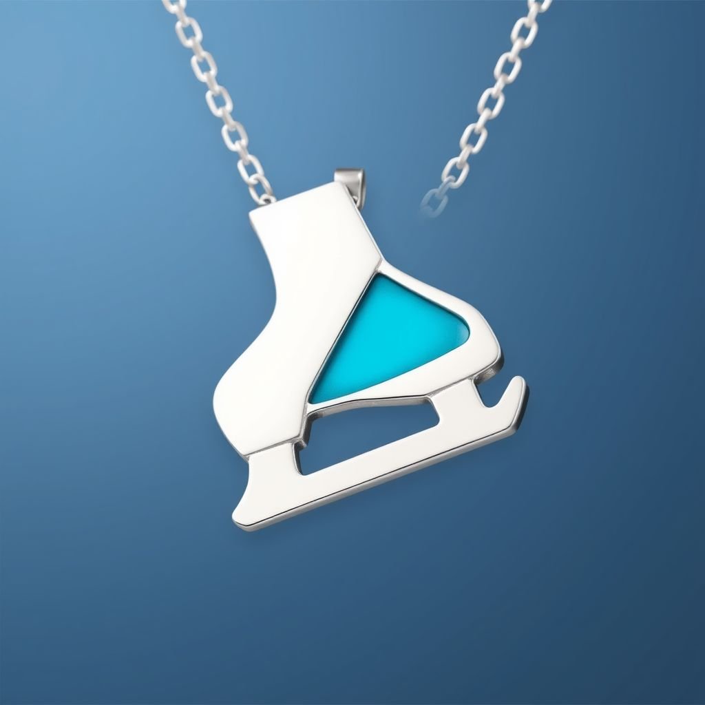 Silver Pendant shape one ice skate with turquoise stripe inside the low thin part blade 