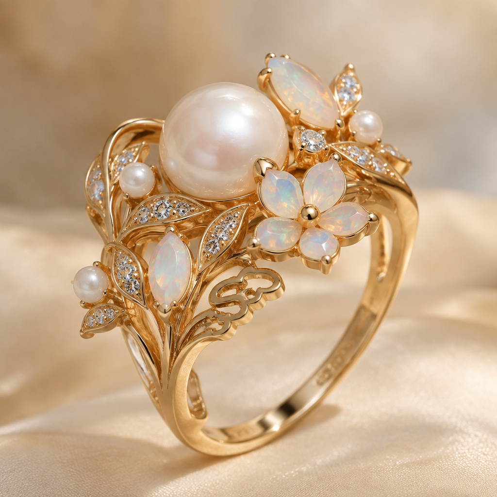 A asian-inspired women's ring made of gold with pearl and opal stones suitable for party
photorealistic jewelry design, A asian-inspired women's ring made of gold with pearl and opal stones suitable for party, asian_inspired style, just the design no text